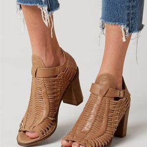 Naughty Monkey Tan Woven Leather Heeled Sandals Size 9.5